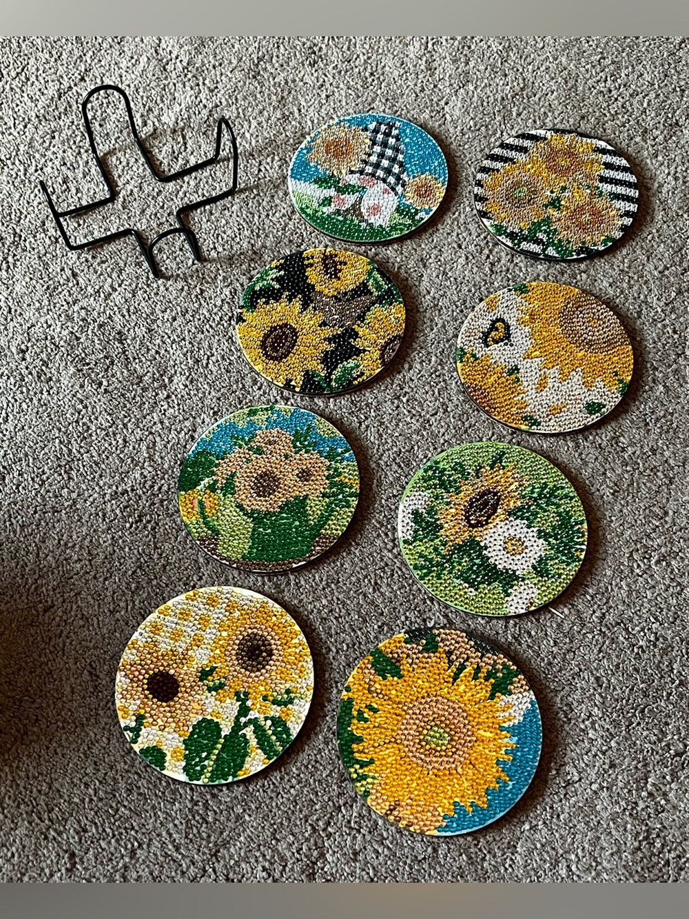 Lot of 8 Diamond Painting Sunflower Coasters w/ Rack
